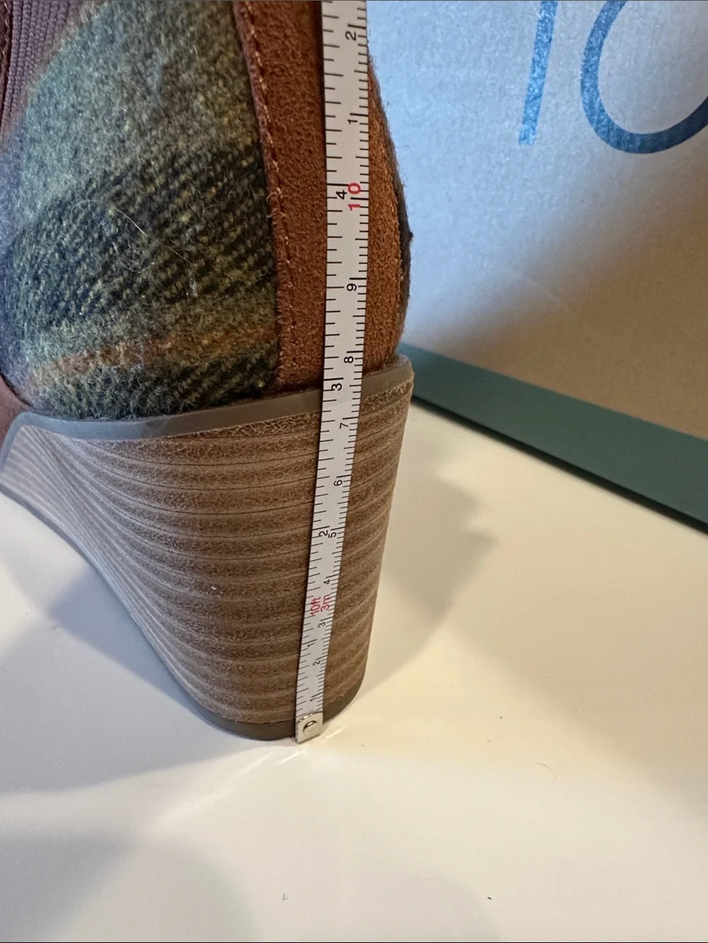 Toms Brown Suede Wedge Ankle Boot with Plaid Knit Back Detail